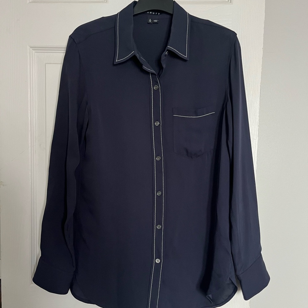 Theory Navy Button-Down Shirt with Contrast Stitching